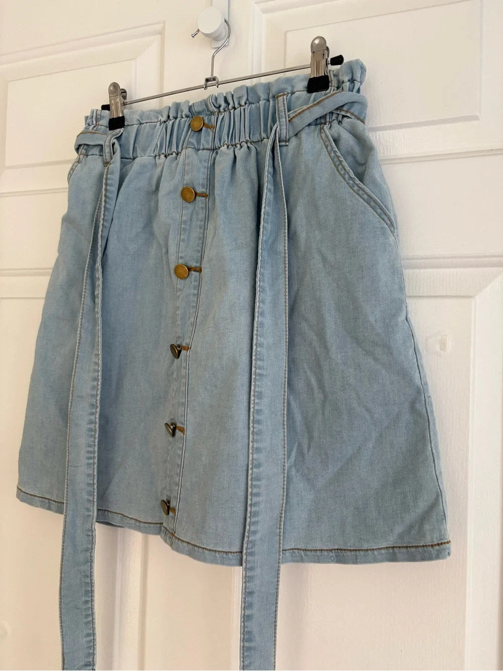 Light Blue Denim Button-Front Paperbag Mini Skirt